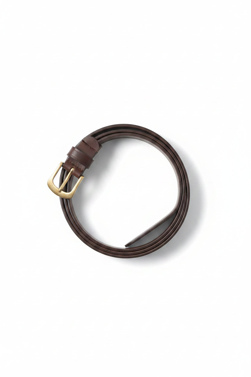 Brown leather belt with a gold buckle on a gray background